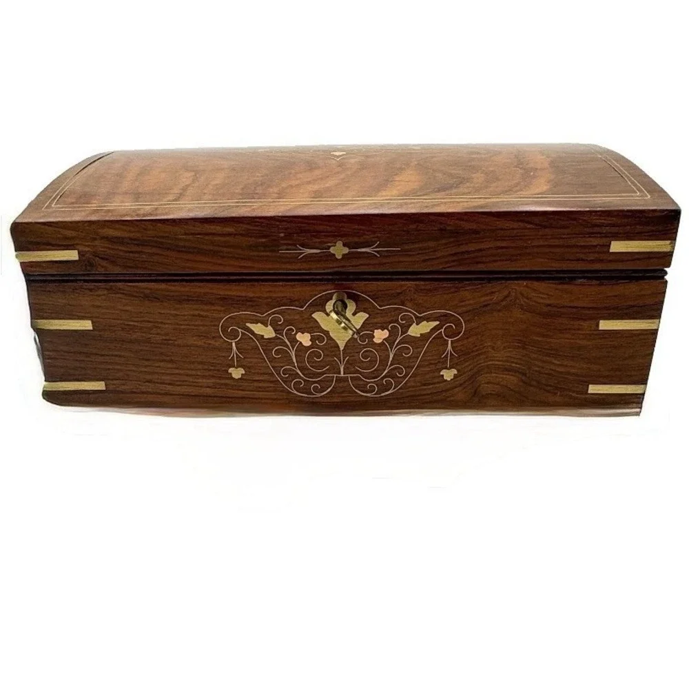 Vintage Wood Jewelry Keepsake Box Brass Inlay Locking - 2 Keys Felt Lined, 12x8